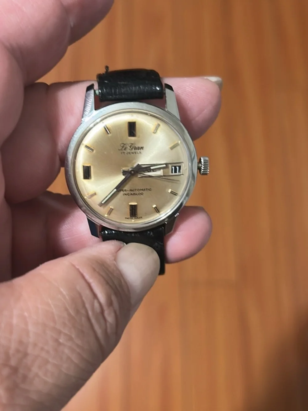 Gold Dial Automatic Watch — Black Leather Strap Le grant